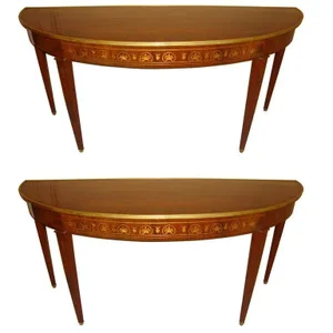 Boule Inlaid Demilune Console Tables - a Pair