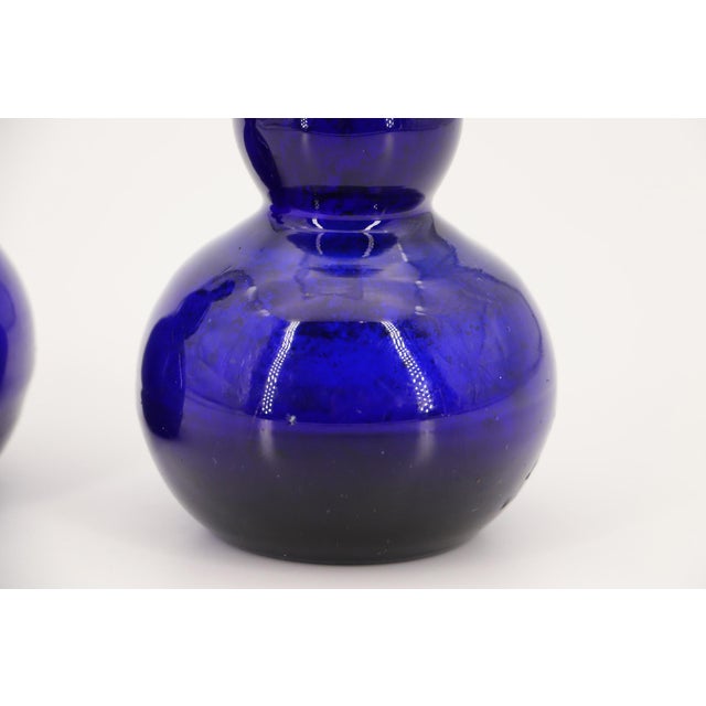 Glass Pair of 19th Century Portuguese Blue Hand-Blown Glass Perfume Bottles For Sale - Image 7 of 16