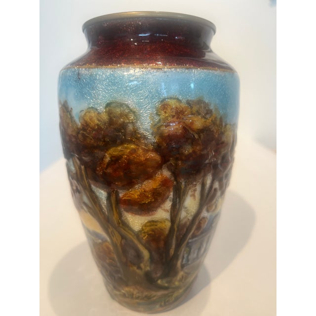 Antique Late 19th Century French Countryside Chateau Painted Enamel on Copper Scenic Vase Signed and Marked France Circa 1900 For Sale - Image 9 of 13