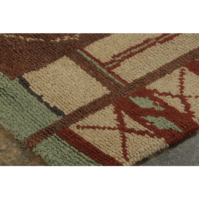 Rug & Kilim Antique Hooked Runner With Geometric Design in Brown & Green - Rug & Kilim For Sale - Image 4 of 7