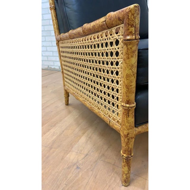 Mid 20th Century Vintage Interior Crafts Cane, Faux Bamboo and Black Leather Lounge Chair For Sale - Image 5 of 11