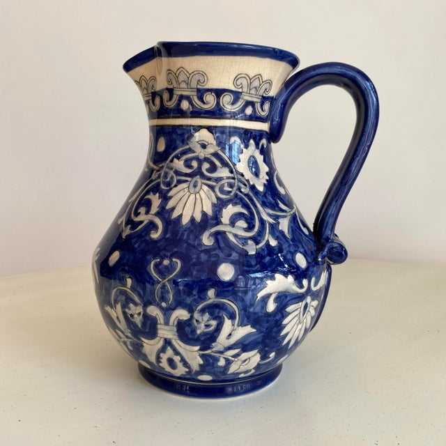 Blue Vintage 1990s Blue &White Ceramic Italian Hand Painted Pitcher For Sale - Image 8 of 8