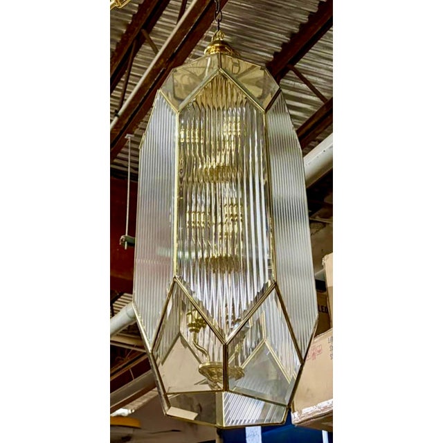 Large 1990s New Old Stock Fluted Glass Art Deco Revival Chandelier With 9 Lights For Sale - Image 10 of 12