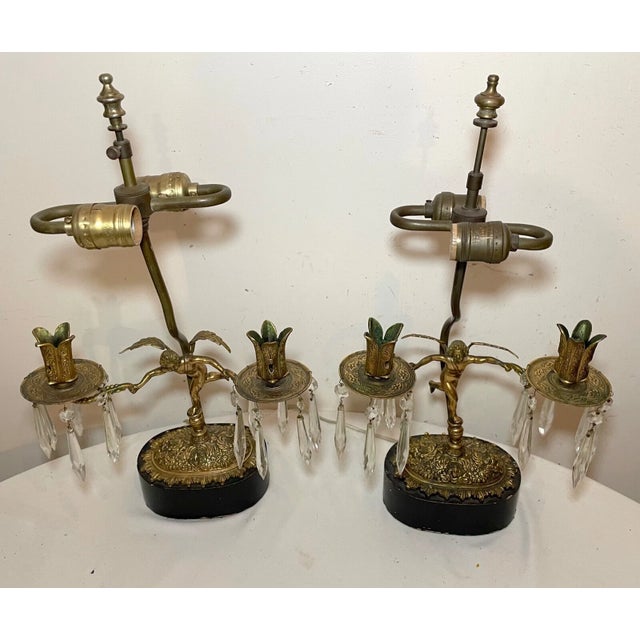 2 Antique Ornate Victorian Style Figural Bronze Wood Angel Cherub Table Lamps For Sale - Image 4 of 12