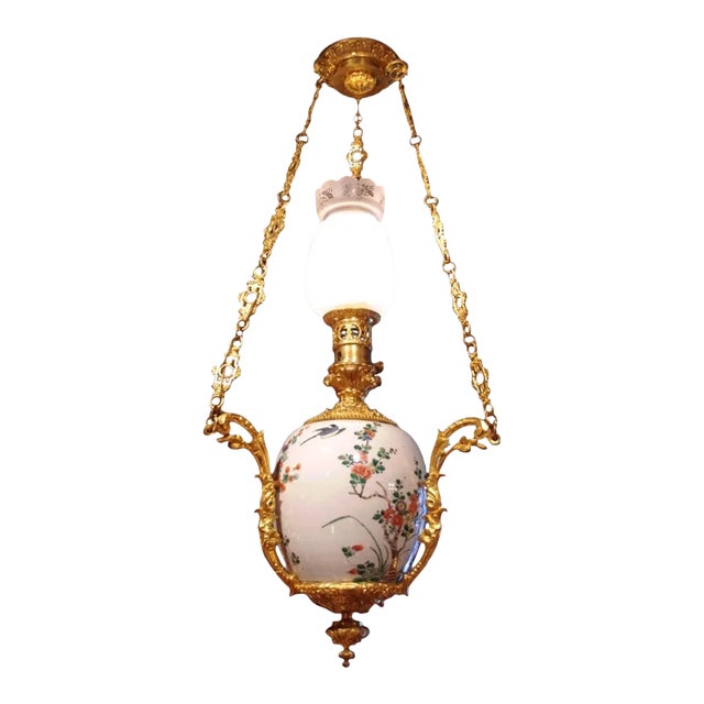 Chinese Canton Gilt Bronze & Porcelain Chandelier, 1880s For Sale