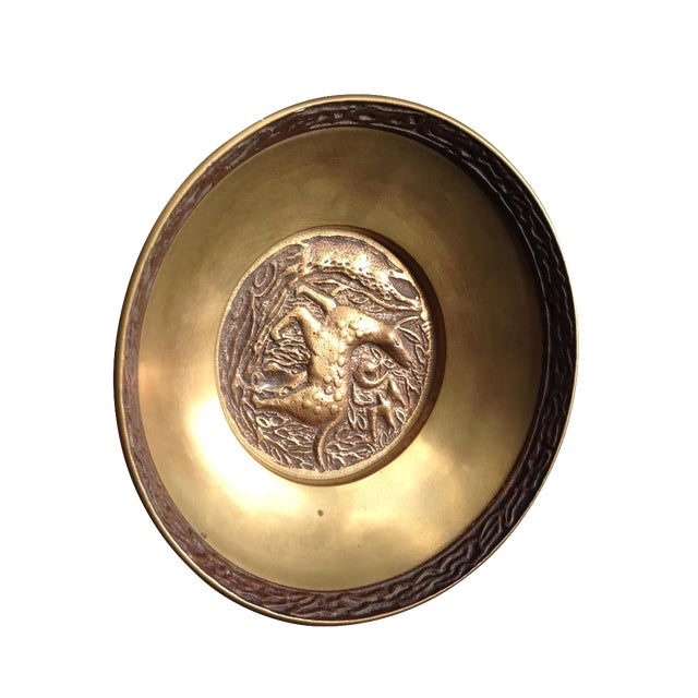 Vintage Brass Bowl Dish With Animal Design For Sale