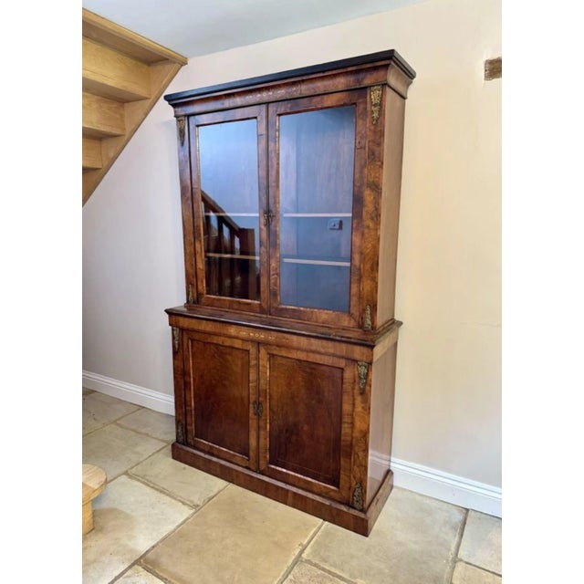 Wood Antique Victorian Burr Walnut Inlaid Bookcase Cabinet, 1860 For Sale - Image 7 of 10