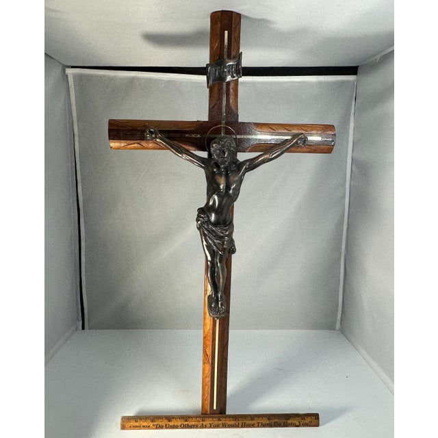 Large Vintage Crucifix: Bronzed Jesus, Carved Wood Cross For Sale - Image 9 of 10