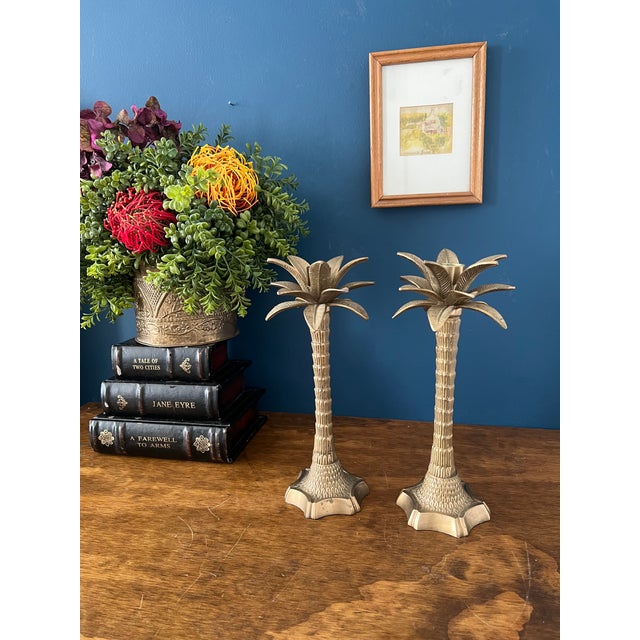 Vintage Brass Palm Tree Candlesticks, Sculptural Tropical Form, Mid-Century For Sale - Image 14 of 18