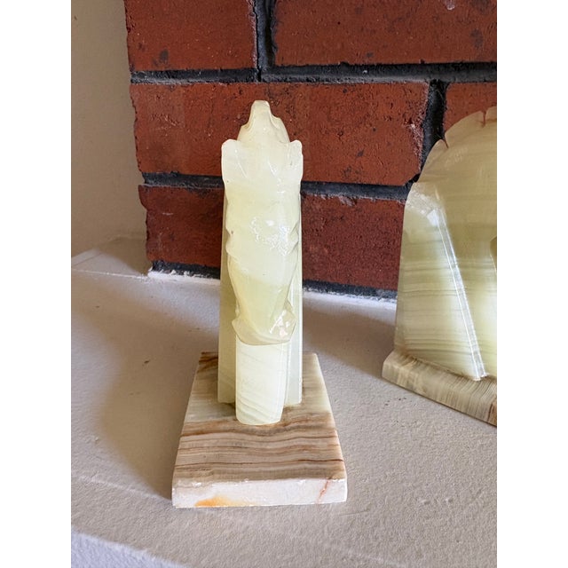 Vintage Onyx Horse Head Bookends Pair – Banded Stone Chess Knight Sculptures For Sale - Image 14 of 16