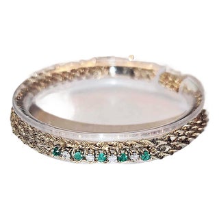 1970s 14k Gold Diamond and Emerald Bracelet For Sale