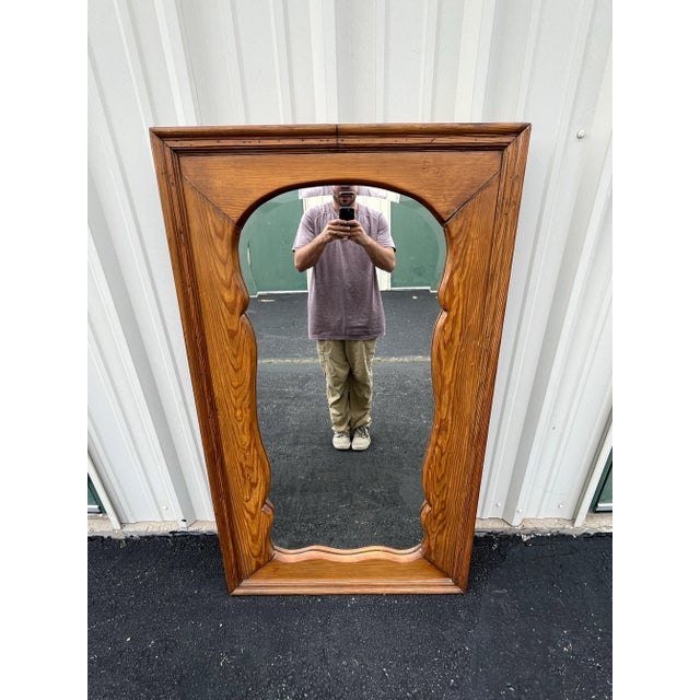 American Large Antique Beveled Glass Mirror in Aged Oak Frame For Sale - Image 3 of 12