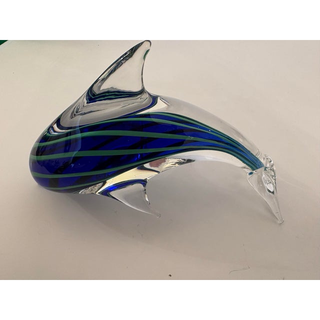 1960s Vintage Blue-N-Green Striped Murano Style Hand Blown Glass Dolphin For Sale - Image 5 of 7