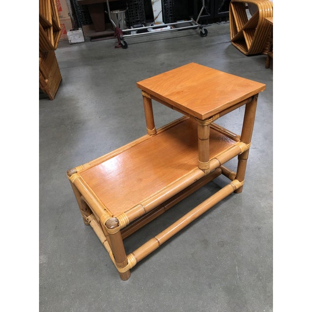 Mid-Century Modern 1950s Restored Stick Leg Rattan Side Table With Two-Tier Wood Tops For Sale - Image 3 of 8