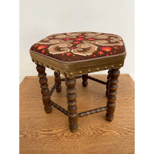 Wood Vintage Mid-Century Walnut Footstool With Geometric Needlepoint Tapestry For Sale - Image 7 of 11