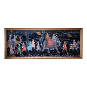 Large Vintage Indian Mughal Procession Painting on Silk - Hand Painted Gold Leaf