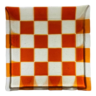 Mid Century Modern Burnt Orange and Clear Fused Art Glass Bowl Tray For Sale