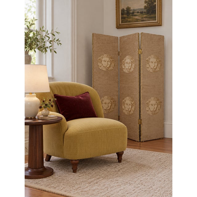 A wonderfully decorative three-panel folding screen with two distinct upholstered faces. One side features repeated...
