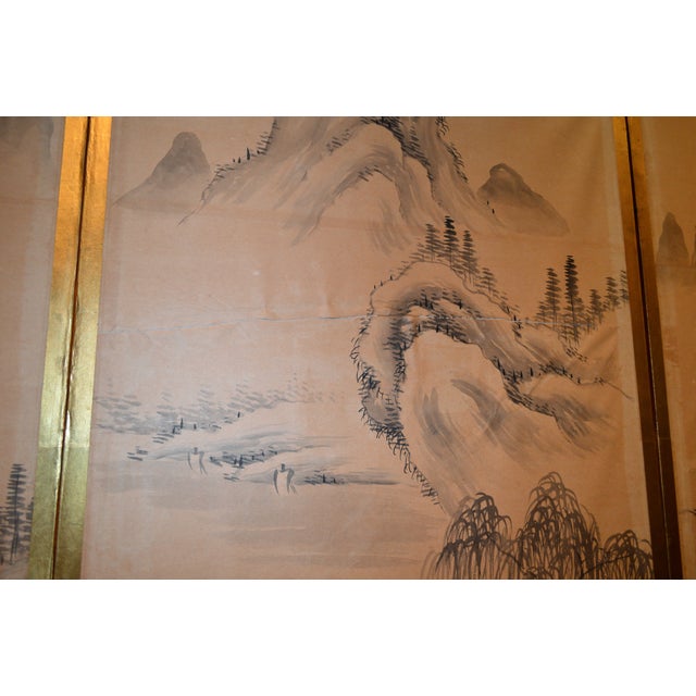 Early 20th Century Japanese Chinese Asian Calligraphy Hand Painted Six Panel Paper Screen Folding Byobu For Sale - Image 6 of 10