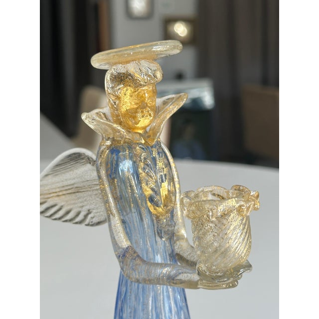 Pair Murano Venetian Blue & Gold Glass Angel Candle Holders For Sale - Image 9 of 12
