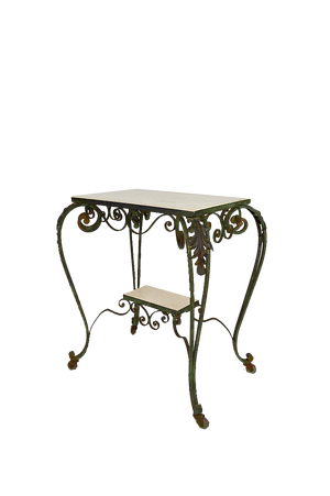 French Art Deco Rolling Service Table in Wrought Iron and Travertine, 1940s