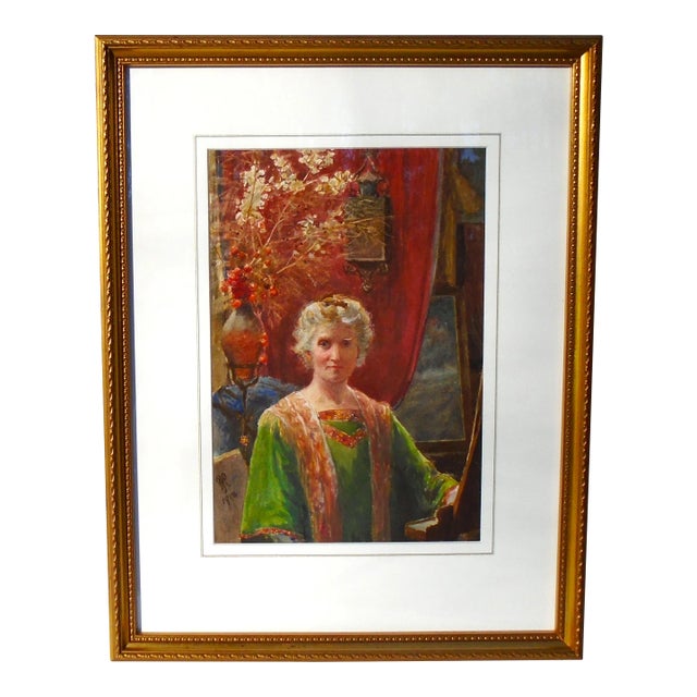 "Self Portrait - 1918" Original Pre-Raphael Style Portrait Watercolor Painting, Framed For Sale