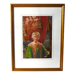 "Self Portrait - 1918" Original Pre-Raphael Style Portrait Watercolor Painting, Framed