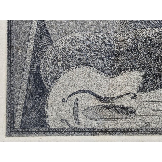 Modern Lucas Johnson Modern Black & White Surrealist Etching of a Figure & Guitar in a Grave Ed. 4/15, 1978 For Sale - Image 3 of 12