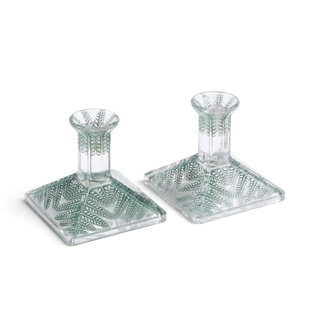 René Lalique Fougeres Glass Candleholder - Pair Each candlestick measures: 4.75 wide x 4.75 deep x 4.5 inches high...