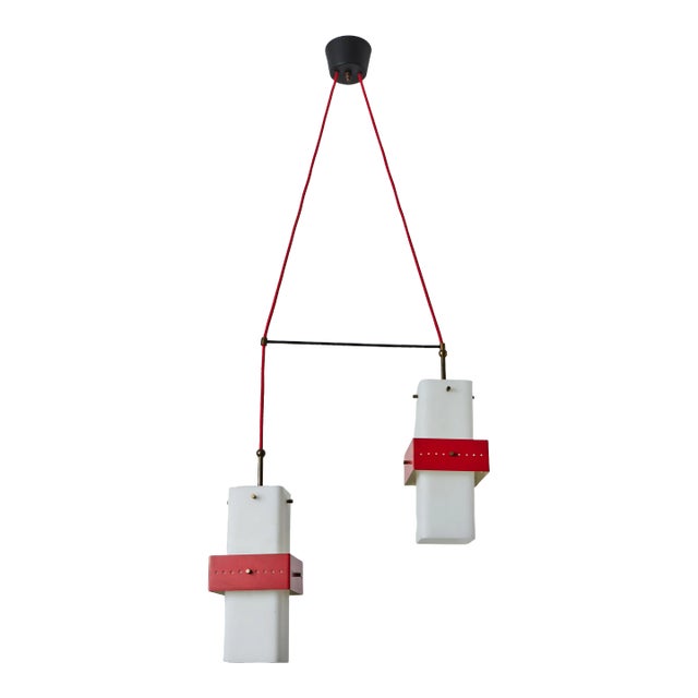 1950s Stilnovo Red Metal & Opaline Glass Suspension Lamp, Unmarked For Sale
