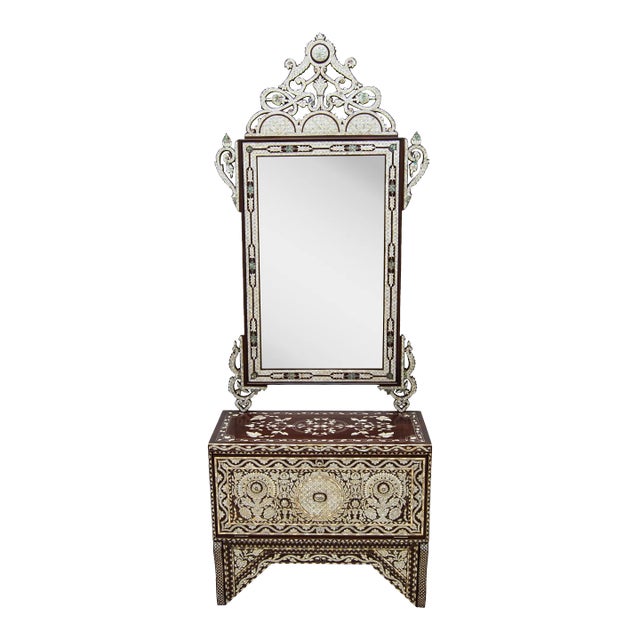 Vintage Hand-Carved Mother-Of-Pearl Inlaid Console Table & Mirror Set For Sale