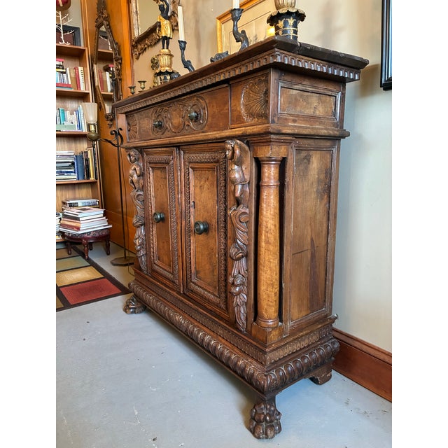 Antique Baroque 17th C. Two Door Carved Cabinet on Carved Paw Feet. 45.5l X 16.5d X 43.5h For Sale - Image 4 of 9