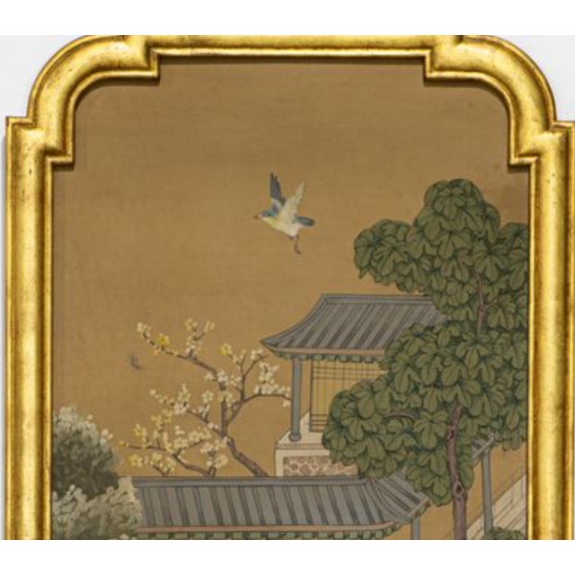 An Asian style panel hand-painted by Maitland Smith. Depicting garden setting design, 75.5" high. Oil on board, Famed