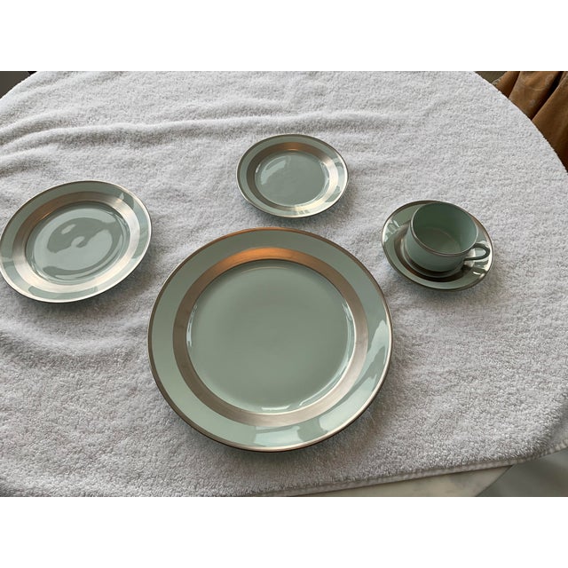 Contemporary 4 Place Settings of 5 Piece CH.Field Haviland Limoges, Giverney Celadon Body , Platinumbands/Trim For Sale - Image 3 of 4