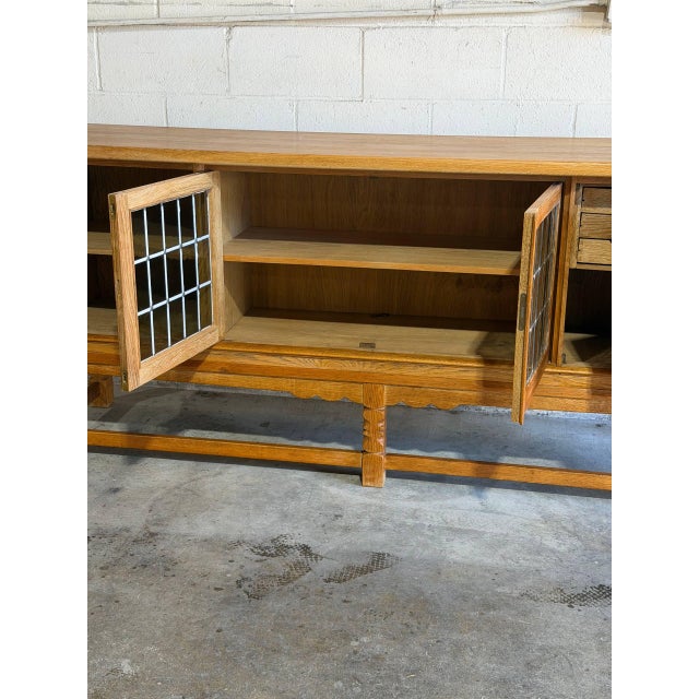 Oak Sideboard Cabinet Leaded Glass Doors in Style of Henning Kjaernulf Denmark 1960s For Sale - Image 4 of 9