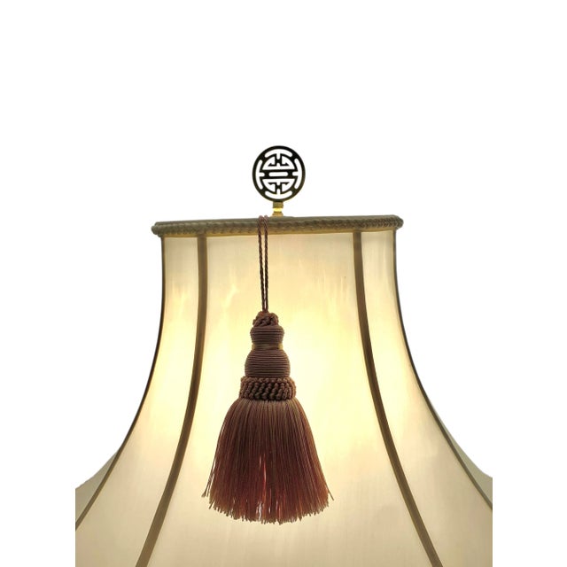 Late 20th Century Porcelain Lamp Rose Medallion Design Vintage Asian Style With Silk Shade and Tassel For Sale In Tulsa - Image 6 of 9
