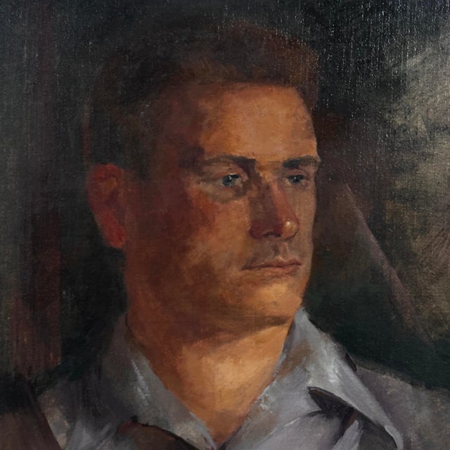 Portraiture Vintage Modernist Portrait of Man in Carved Gilt Frame, Signed (1947, Oil on Canvas) For Sale - Image 3 of 8