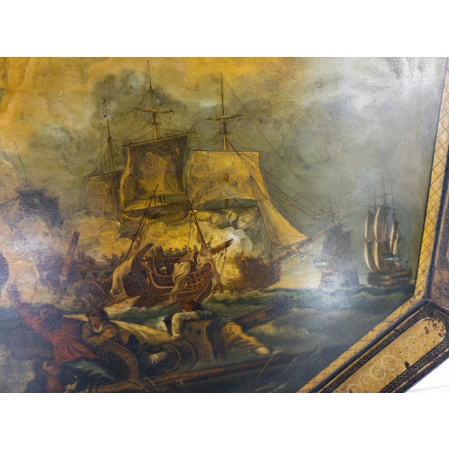 Metal 19th Century Finely Painted English or French Pontypool Toleware Tray With Naval Battle For Sale - Image 7 of 11