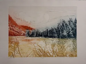 1980s Irmgard Valley Lake Hand Signed Etching in Color