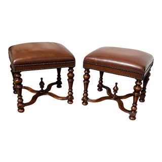 Traditional Theodore Alexander Wood and Leather Stools with Nailhead Detail - a Pair For Sale