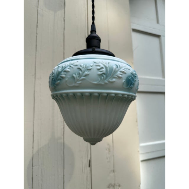 Metal Antique Brass Hanging Fixture With Vintage Glass Shade For Sale - Image 7 of 9