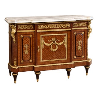 Regal French Louis XVI Sideboard – Marble Top With Ornate Gilded Bronze & Gold Leaf Accents For Sale