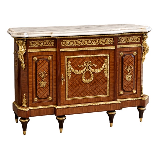 Regal French Louis XVI Sideboard – Marble Top With Ornate Gilded Bronze & Gold Leaf Accents For Sale