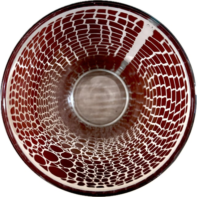 Circa 1995 Egizia Italy Contemporary Abstract Dark Red Screen-Printed Pattern on Colorless Cylindrical Glass Vase For Sale - Image 11 of 14