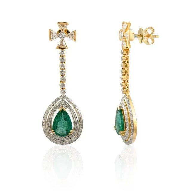 Statement Diamond Natural Emerald Dangle Drop Earrings 14k Solid Yellow Gold- 2 Pieces For Sale - Image 4 of 11