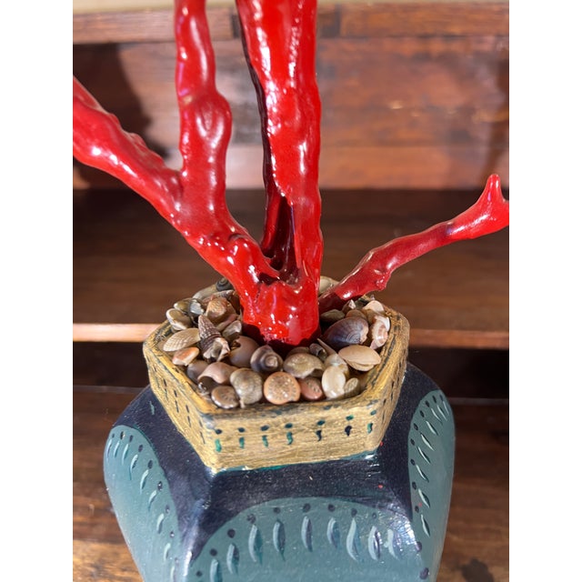 Chinoiserie Chic Decorative Faux Red Coral Branch in Handpainted & Gilded Green Vase For Sale - Image 11 of 16