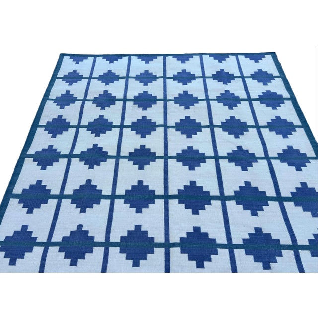 White Handmade Cotton Vegetable Dyed Area Rug, Cream, Blue and Teal Blue Star Striped Dhurrie - 9'x12' For Sale - Image 8 of 10