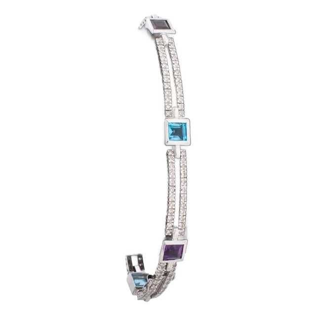 14k White Gold, Diamond and Multi-Color Gemstone Bracelet For Sale
