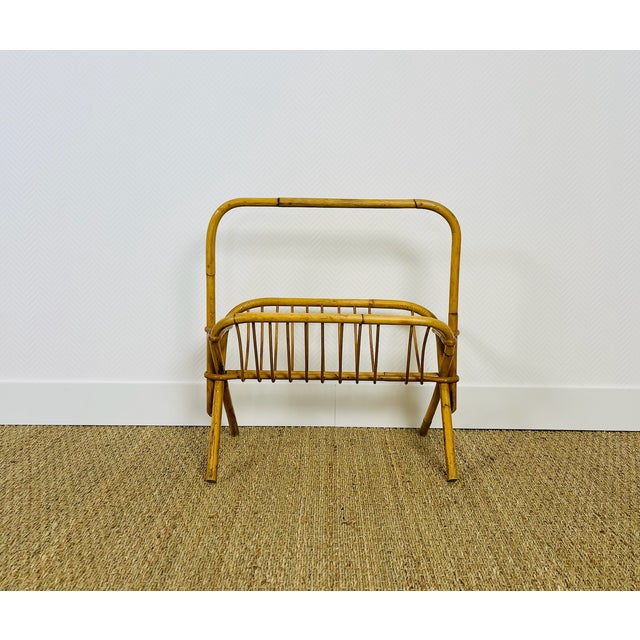 Mid-Century Modern Vintage Rattan Magazine Rack, 1960s For Sale - Image 3 of 11