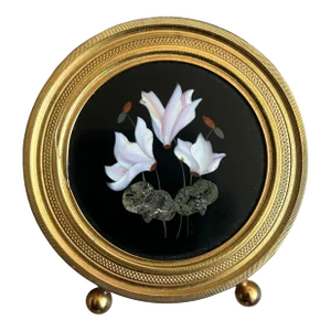 Vintage 20s Italian Pietra Dura Small Round Floral in Gold Gilt Standing Frame